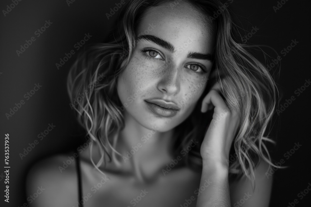 Black and white photo of a beautiful woman with wavy hair Black and white photo of a beautiful woman with wavy hair