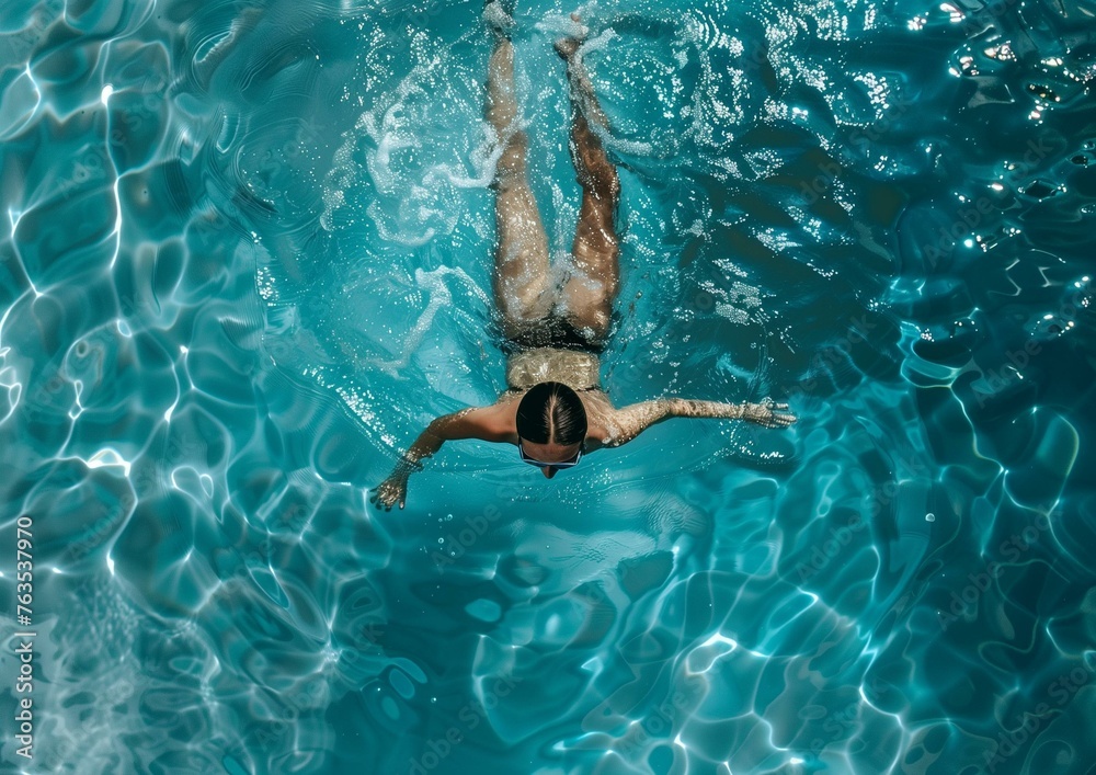 Athletic Swimmer Diving into Sunlit Pool in Summer, Aerial View