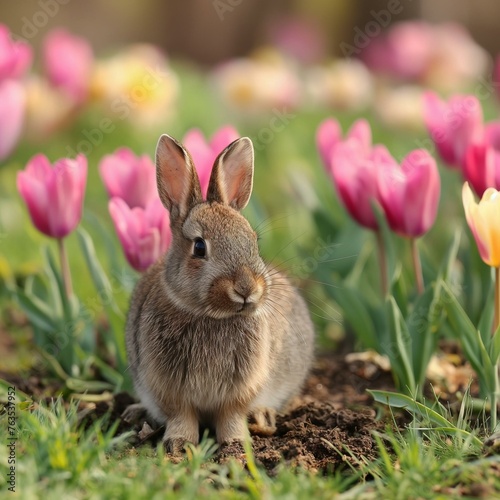 Adorable Wild Rabbit Sitting Among Spring Tulips in Nature © Qstock