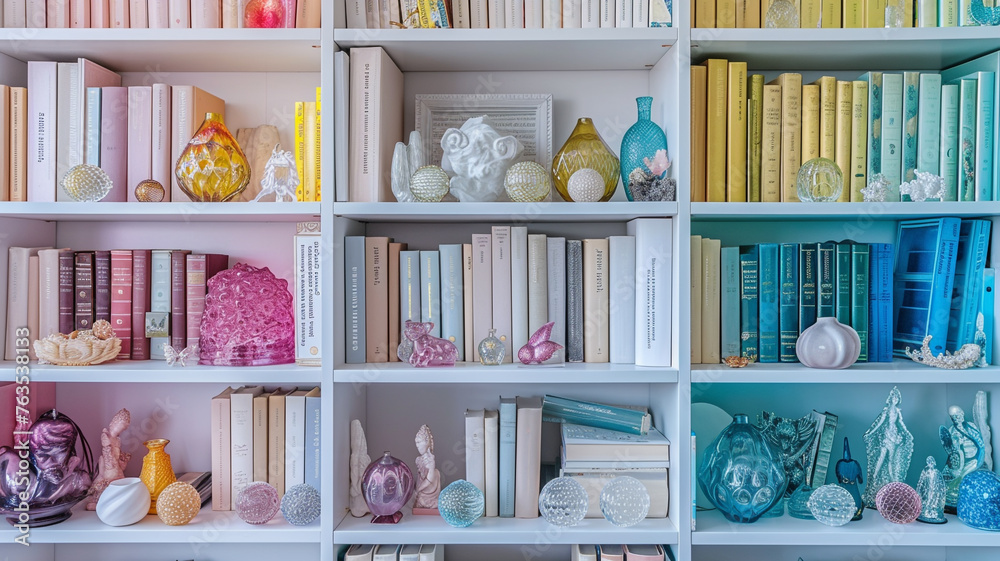 A detailed view of a white bookshelf featuring an elegant arrangement of small, colorful glass figurines and hardcover books.