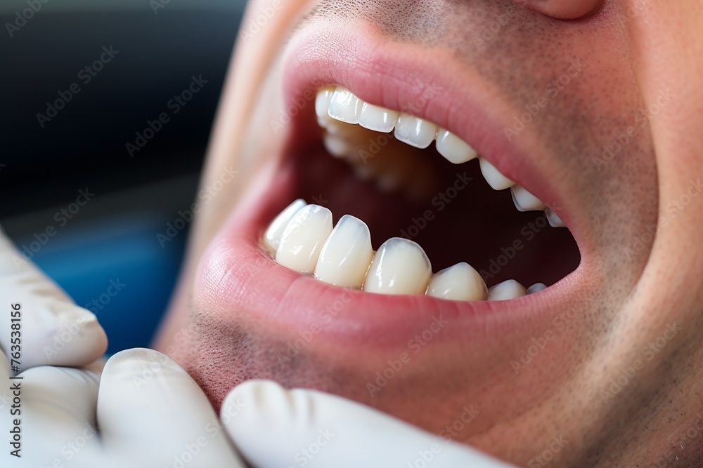 Dentist in close-up view carefully examining patients teeth during thorough dental check-up