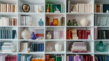 A detailed view of a white bookshelf featuring an elegant arrangement of small, colorful glass figurines and hardcover books.