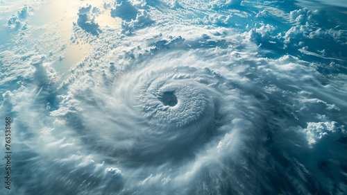 A dramatic scene of a hurricane's eye from above, with swirling clouds converging towards the center over a turbulent ocean.