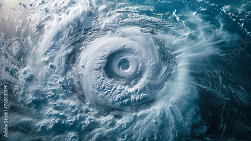A dramatic scene of a hurricane's eye from above, with swirling clouds converging towards the center over a turbulent ocean.