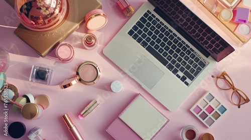 A fashion blogger's workspace showcasing a laptop, female accessories, and cosmetic products arranged on a pale pink table in a flat lay style.