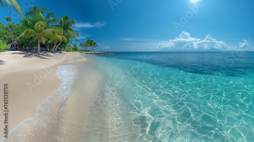 Tropical Paradise: Clear Ocean Waters Meet a Sunny Palm-Lined Beach. © Sandris