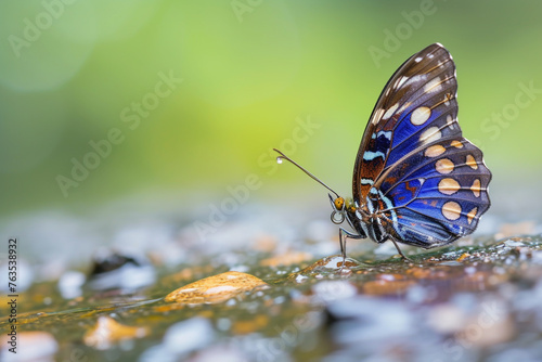 A lesser purple emperor butterfly on a wet stone after a rainstorm, the fresh environment emphasizing renewal and the cycle of life. photo
