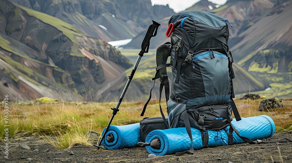 A backpack, trekking poles, and a sleeping mat laid out in the mountains, with space available for text. Illustrating essential tourism equipment for outdoor adventures.