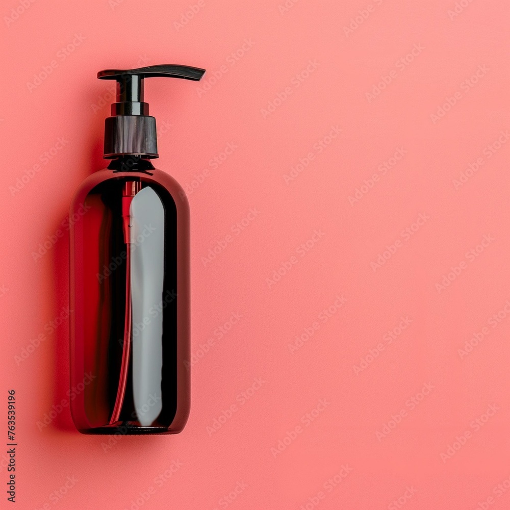 Elegant Amber Soap Dispenser on Vibrant Coral Background, Minimalist Bathroom Accessory Elegant Amber Soap Dispenser on Vibrant Coral Background, Minimalist Bathroom Accessory