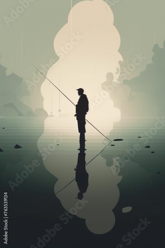 A man is standing in a lake with a fishing pole