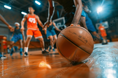 Low angle dynamic shot of players in a basketball game, capturing the energetic atmosphere and competitive spirit