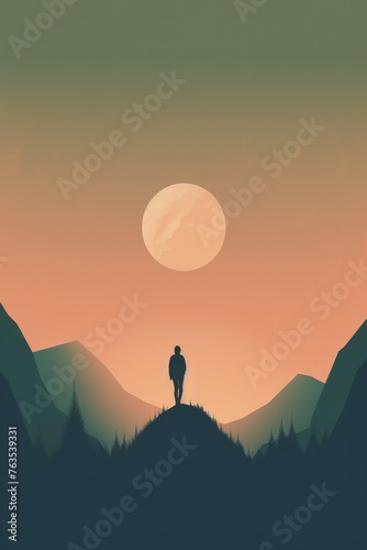 A man stands on a mountain top  looking out at the moon