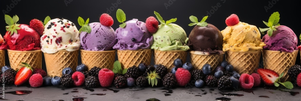 Banner with colorful ice cream and fresh berries, ideal for custom text and messages