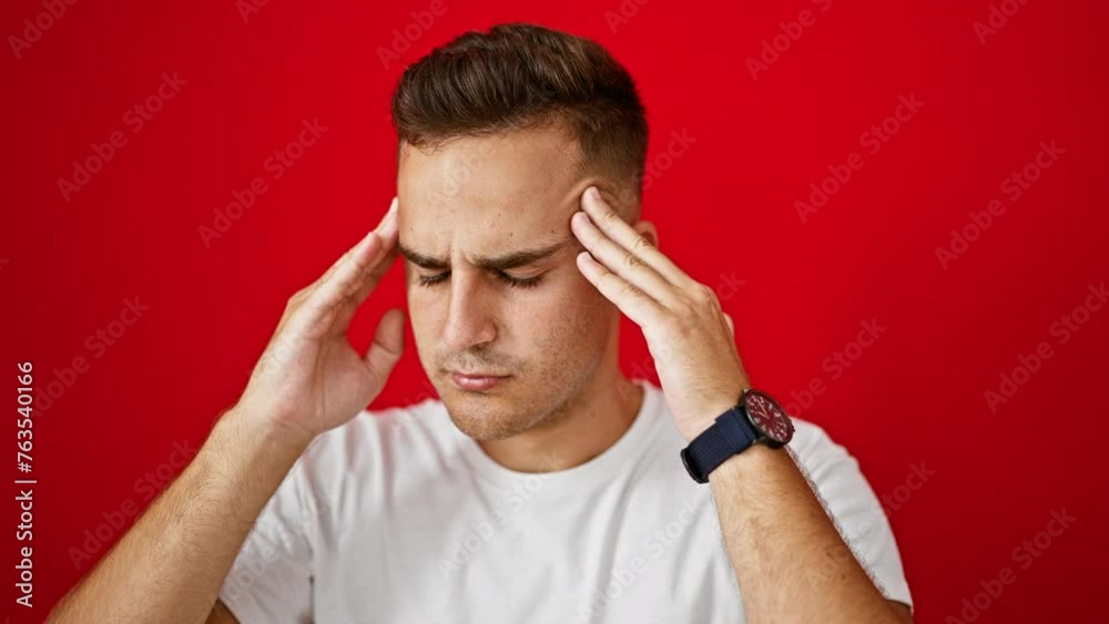 A pained young hispanic man with a watch, in a white shirt, touches his temples against a red background.