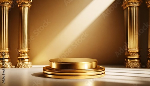 3d presentation background pedestal or dais made of gold in room illuminated by sunlight 3d rendering of mockup of presentation podium for display or advertising purposes