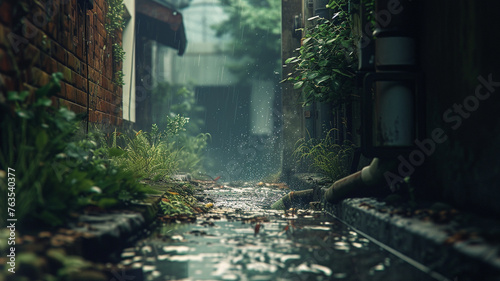 An atmospheric view of a lonely alley during a summer storm, with rainwater gushing into a gutter, carrying leaves and debris.