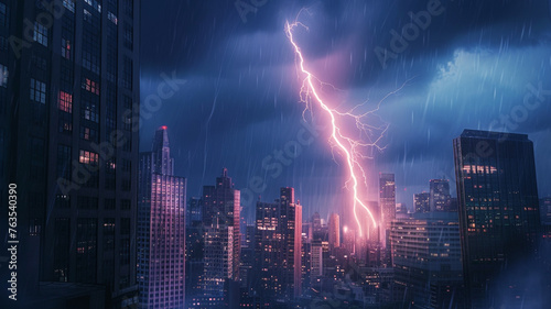 An electrifying view of a lightning bolt striking a tall building in a bustling city during a night-time thunderstorm.