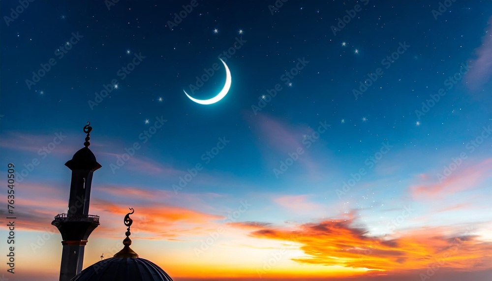 ramadan dusk picture beautiful religious background with crescent stars and glowing clouds