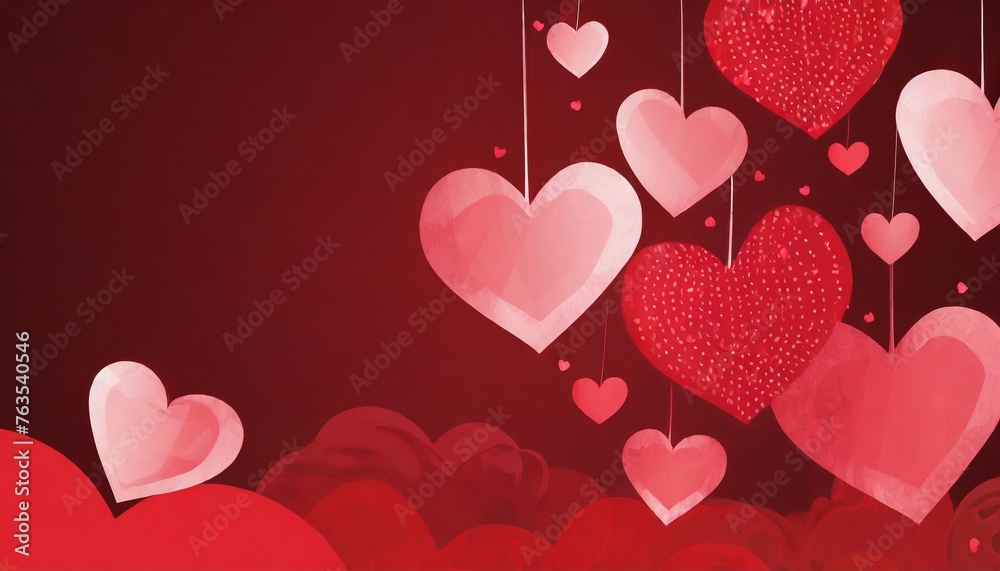 happy st valentines day banner with red abstract illustrated hearts pink paper hearts flying shining against dark red background with empty space for text clouds dreamy couple love concept banner
