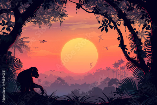 A monkey playing in forest with sunset view