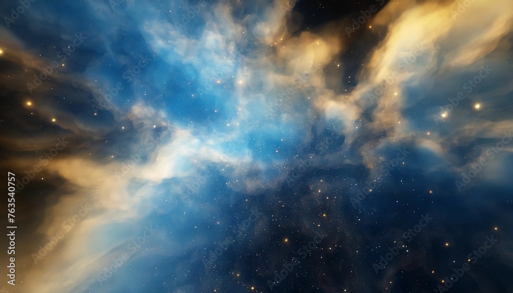 abstract space background with blue and gold stars and nebula 3d rendering