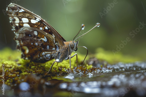 Close-up of a lesser purple emperor butterfly with its proboscis extended, drinking from a wet, textured stone in a tranquil forest. Dewdrops and moss add to the scene's serenity. photo