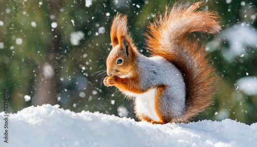 cute red squirrel in the falling snow against the background of a pine forest winter time background
