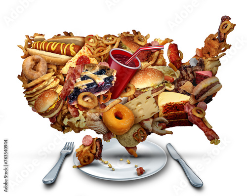 US Unhealthy Eating Habits and American Junk Food Crisis or fast-food Diet as United States nutrition issue or obesity in America and greasy high cholesterol eating