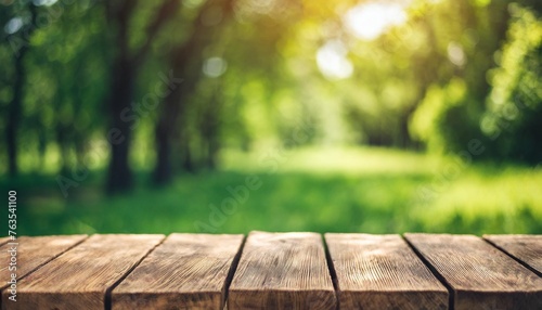 blank wooden table on green summer park background banner © Charlotte