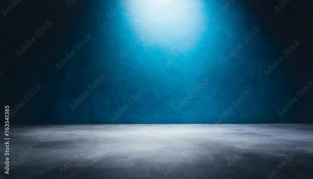 empty dark blue studio background and grey floor concrete perspective with blue soft light well editing floor display product and text present on wall room empty free space black cement backdrop photo - obrazy, fototapety, plakaty 