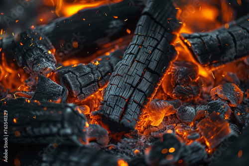 The detailed texture of charred wood in a campfire, surrounded by glowing embers and small flames licking the air.