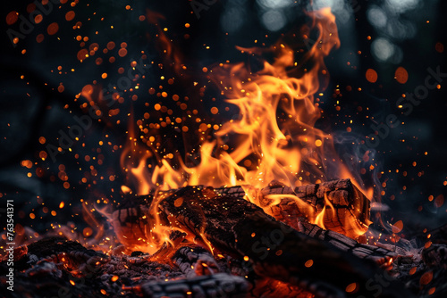 The dynamic movement of a campfire's flames captured in a single moment, with embers being carried away by the wind into the night.