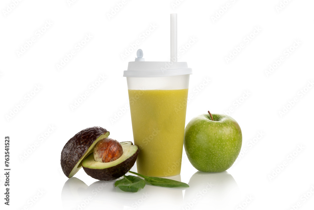 juice from apple avocado and mint isolated on white