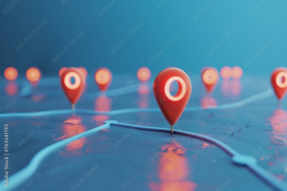 A series of red and blue pins are scattered across a blue surface. The pins are all pointing in different directions A series of red and blue pins are scattered across a blue surface. The pins are all pointing in different directions