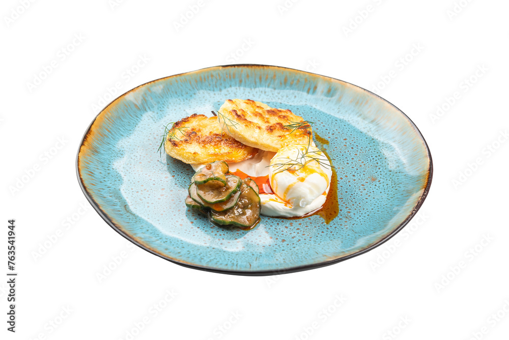 breakfast with egg, cucumbers and cheesecakes on a plate, transparent background, cut out