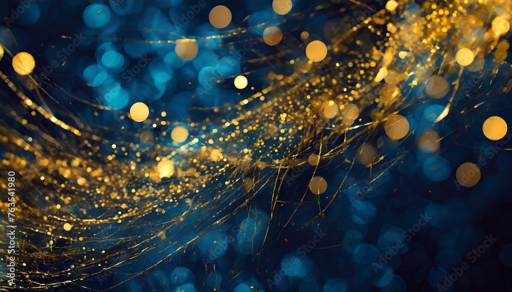 abstract background with dark blue and gold particle christmas golden light shine particles bokeh on navy blue background gold foil texture holiday concept - obrazy, fototapety, plakaty 