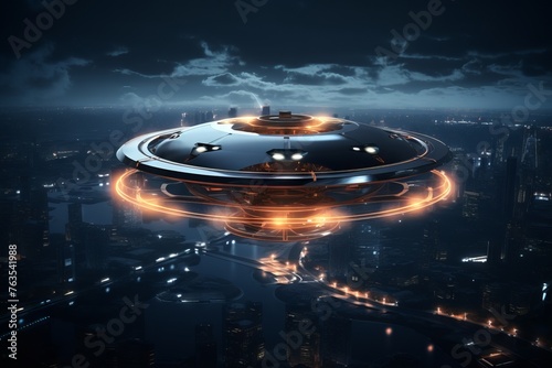 UFO hovering in the night sky over the metropolis