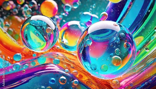 vibrant 3d render of abstract glass flow background with fluid forms and glass orbs a colorful background with a lot of bubbles and the word bubble © Charlotte