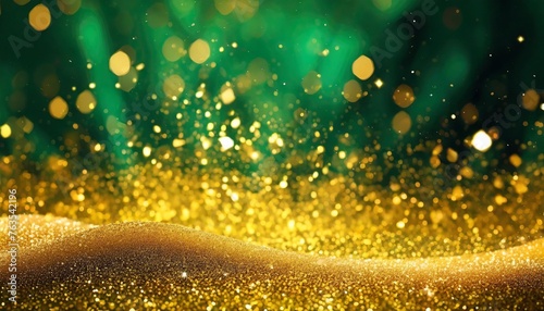 sparkling golden glitter in front of a dark green and yellow background 3d illustration