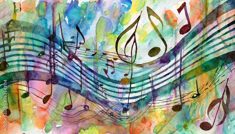 abstract musical long narrow background with notes watercolor