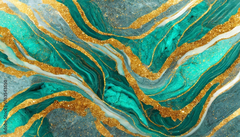 abstract background of marble texture marbled with wavy veins of turquoise gold and silver gold powder agate