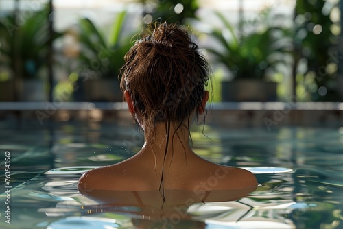 Rear view of young woman relaxing in swimming pool with wet hair, Ai Generated