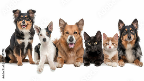 Dogs and cats of different breeds pose on an isolated white background. Generated AI © Elena