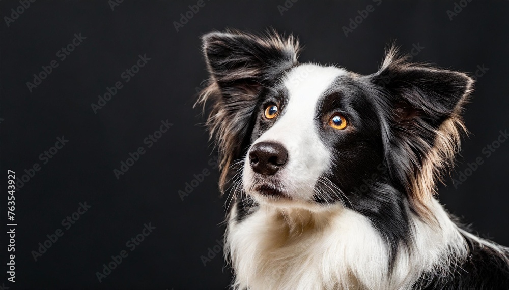 portrait of a border collie dog isolated on black background banner with copy space