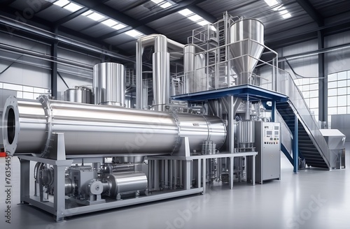 Industrial twin screw extruder of big diameter with hopper for bulk materials with a ladder for service