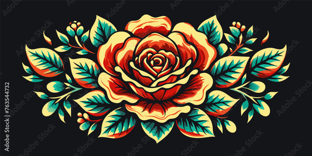 Mexico mexican roses for festival Cinco de mayo. Retro old school roses for chicano tattoo. Intricate illustration of colorful roses in a decorative vase with lush foliage on a black background Mexico mexican roses for festival Cinco de mayo. Retro old school roses for chicano tattoo. Intricate illustration of colorful roses in a decorative vase with lush foliage on a black background