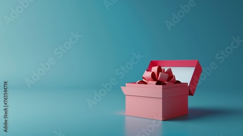 A 3D render of an open gift box, symbolizing surprise, rewards, and the concept of earning points in a loyalty program, set against a blue background photo