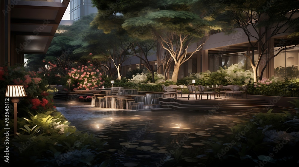Obraz premium Tranquility Amidst Chaos: A Serene Garden Retreat in the Heart of the City