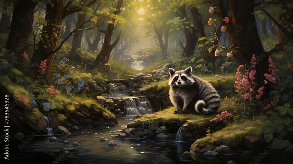 Obraz premium Nature's Haven: A Peaceful Woodland Scene Enhanced by a Meandering Brook