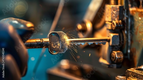 A close-up of a duplicate key being sanded by a locksmith to smooth out burrs, representing precision and refinement in craftsmanship